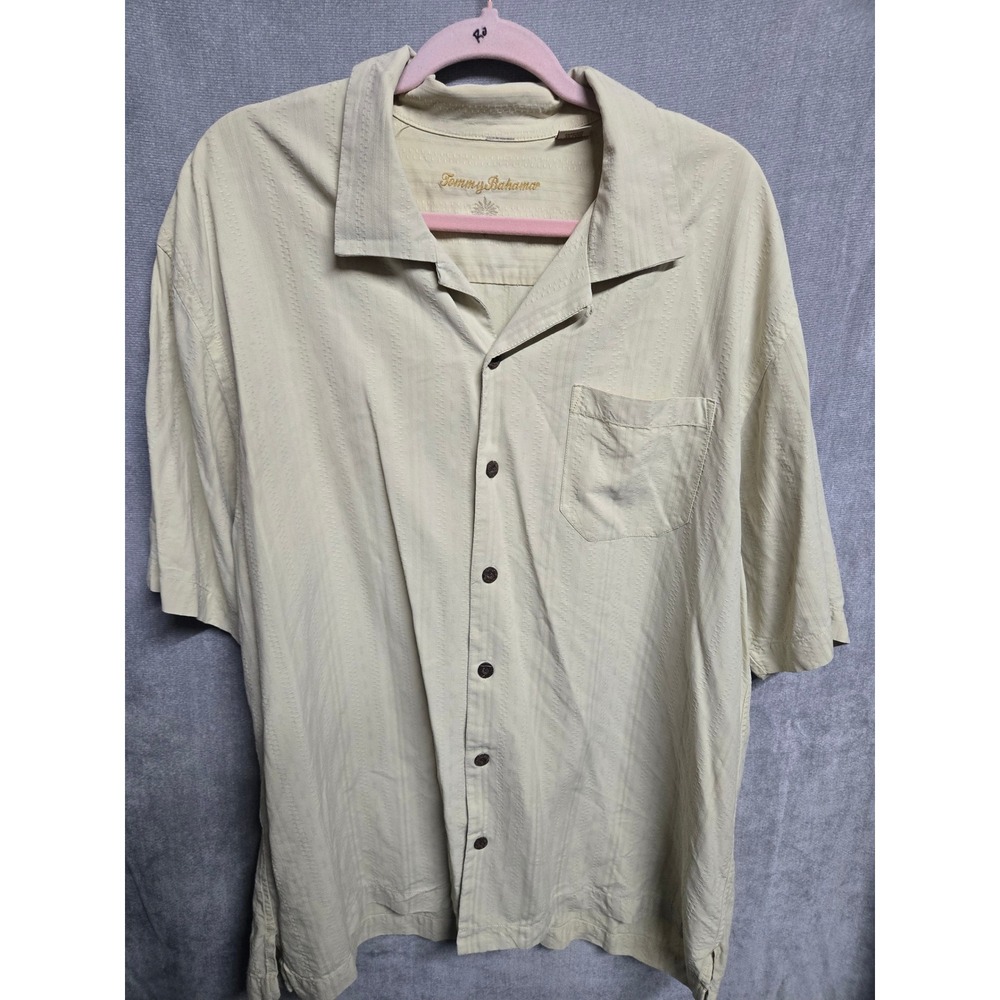 Tommy Bahama Mens XL Soft Yellow 100% Silk Short Sleeve Button Down Camp Shirt
